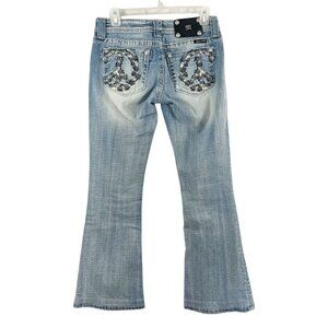 Miss Me Light Wash Denim Low Rise Flare Jeans Peace Signs Y2K Boho - Size 27